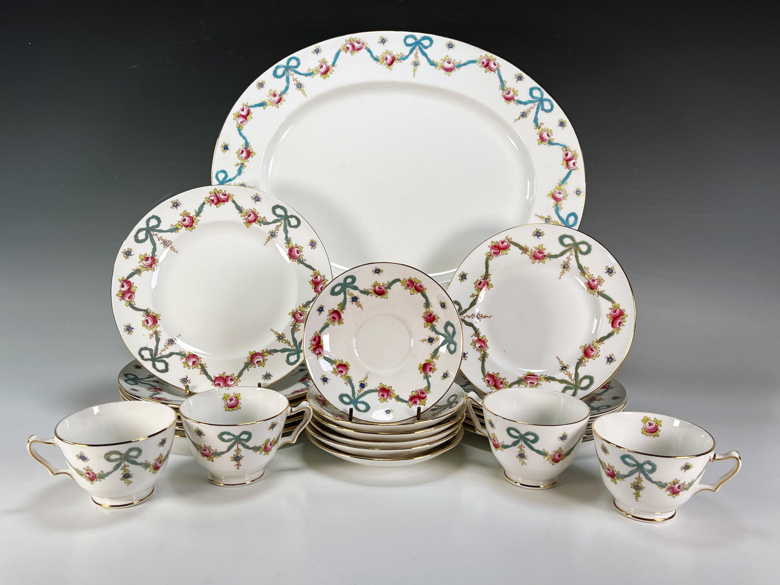 STAFFORDSHIRE BLUE BOWS PLATES & CUPS:  Staffordshire Blue Bows Plates & Cups Auction