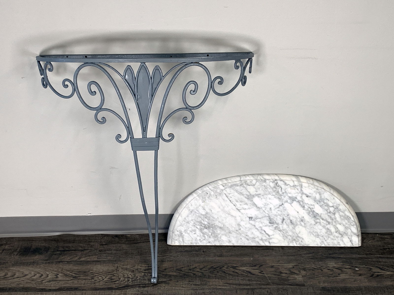 DEMI LUNE MARBLE TOPPED WROUGHT IRON TABLE (1 of 1)