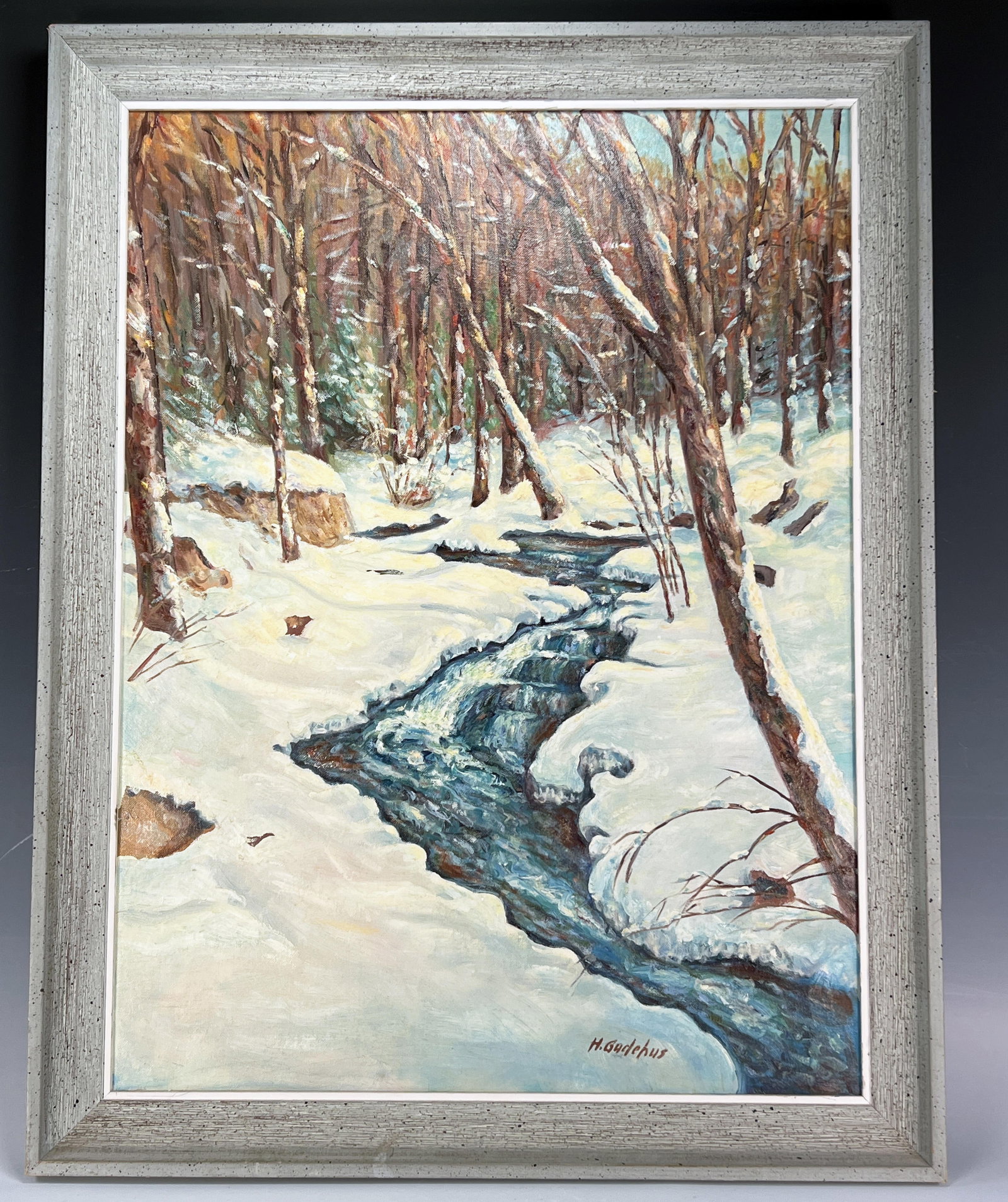 SNOW SCENE OF STREAM IN FOREST SIGNED H. GUDEHUS