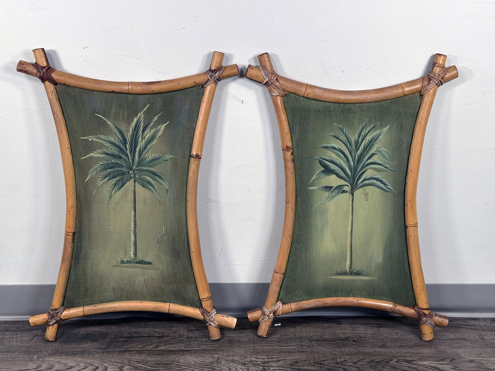 PAIR OF BAMBOO FRAMED HAND PAINTED TIKI PALM TREE PAINTINGS (1 of 4)