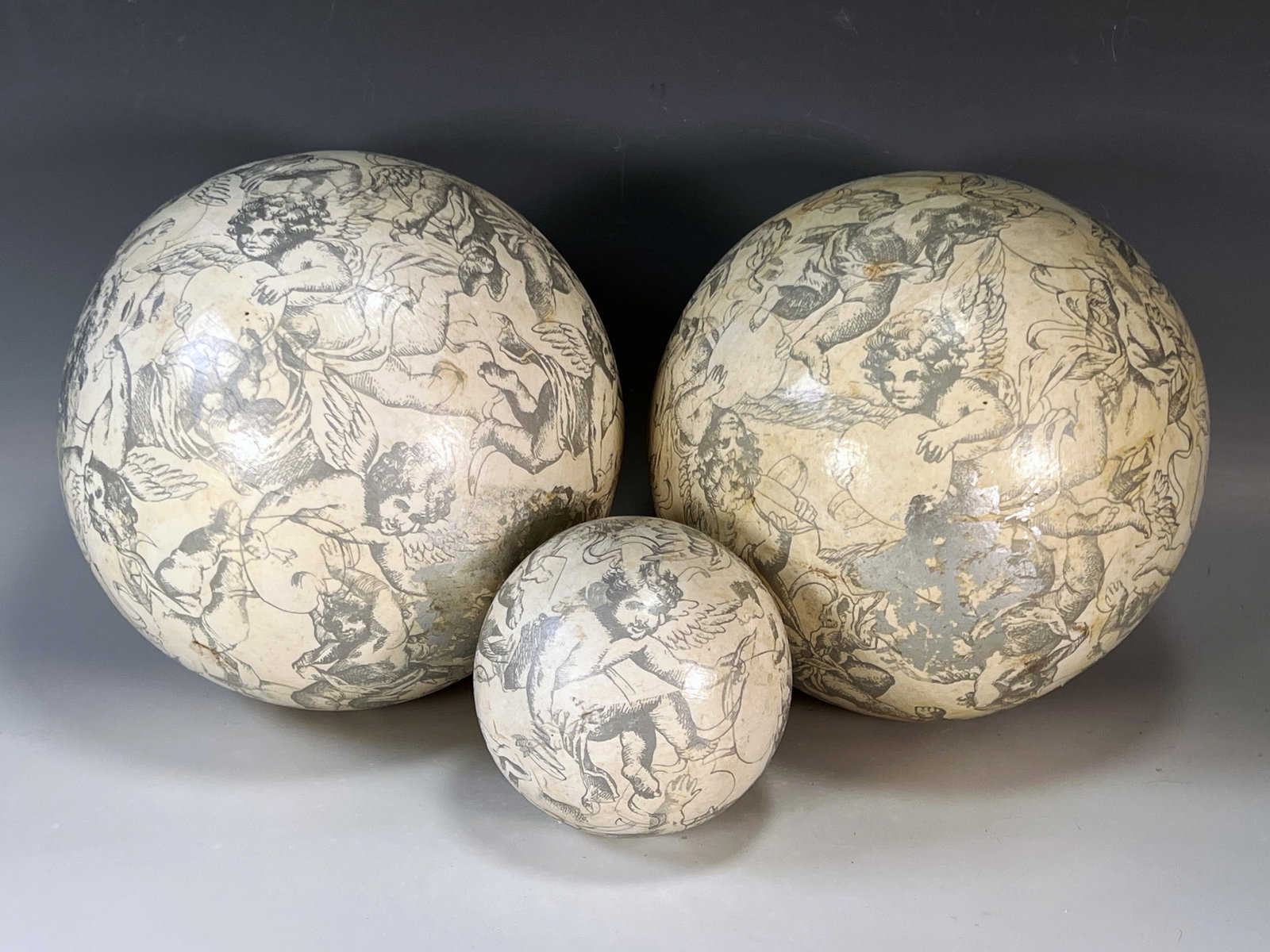 3 DECORATIVE CHERUB POTTERY SPHERES