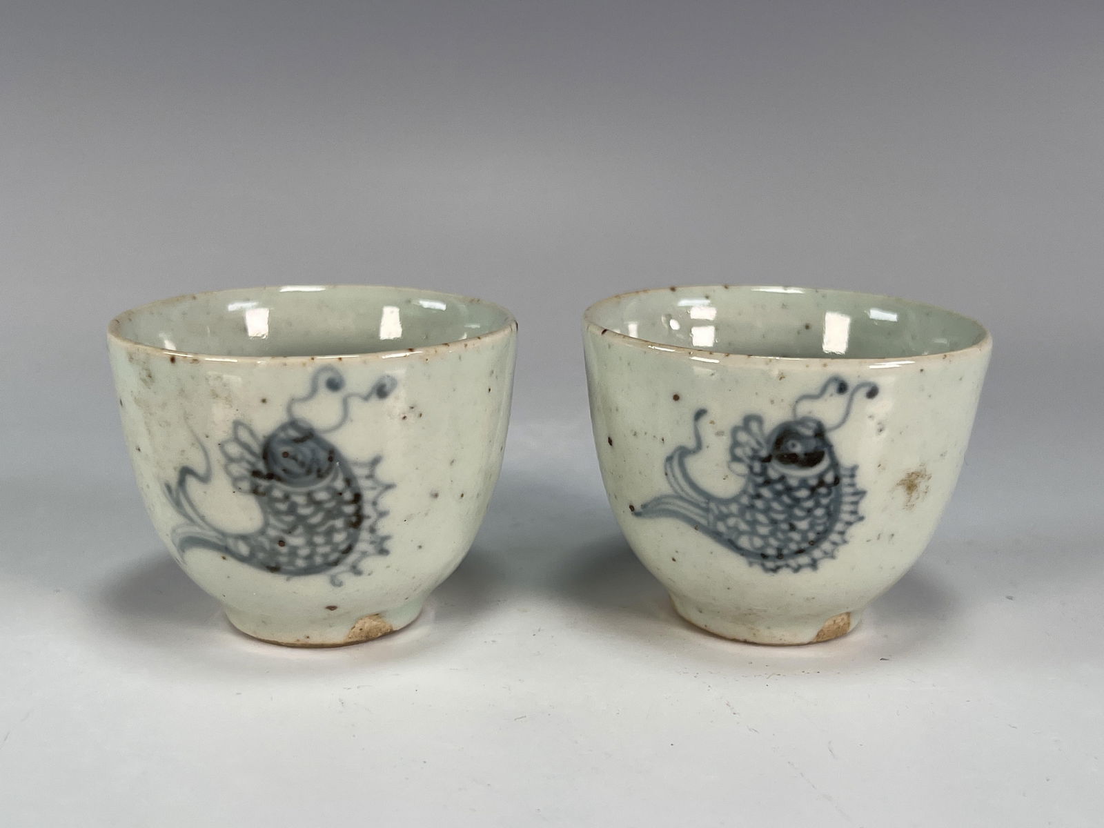 PAIR SMALL BLUE & WHITE FISH TEA CUPS (1 of 3)