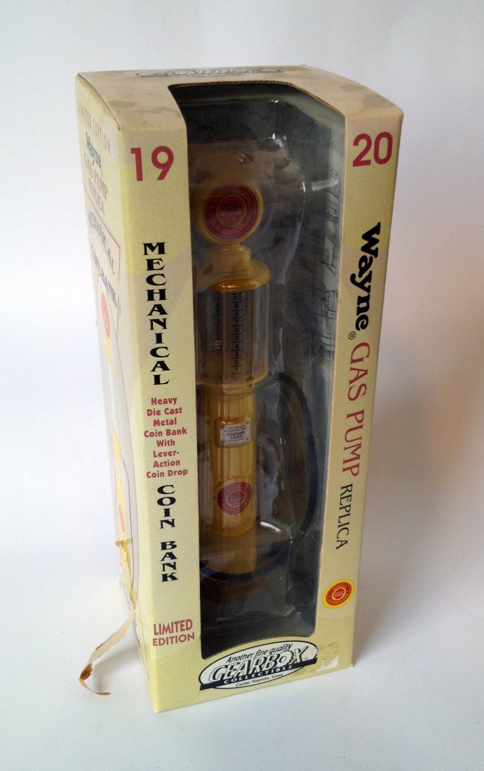 Model Old Time Gas Pump Bank: A model gas pump toy bank in its original carton and unpacked. Shipping: We are able to pack and ship this item to an address in the United States for $50.00 via USPS Priority Mail or via FedEx Ground