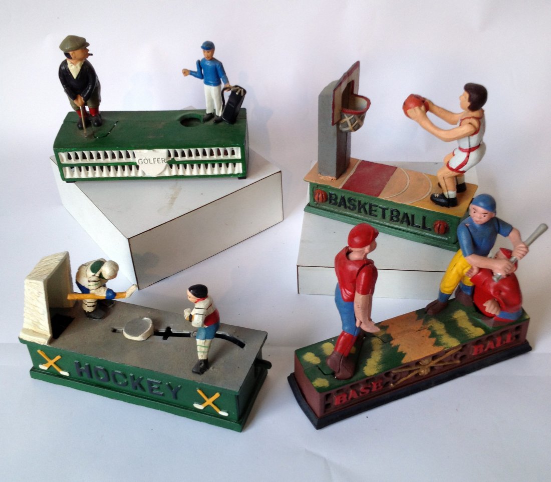 Sports Related Mechanical Banks: Baseball, hockey, basketball, and golf are all represented with reproduction mechanical banks. Shipping: We are able to pack and ship this item to an address in the United States for $50.00 via USPS P