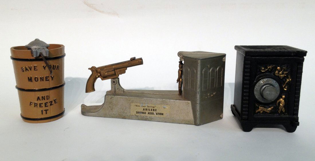 Three Banks: Gun shooting cowboy promotional, ice cream maker and combination bank. Shipping: We are able to pack and ship this item to an address in the United States for $30.00 via USPS Priority Mail. Tracking i