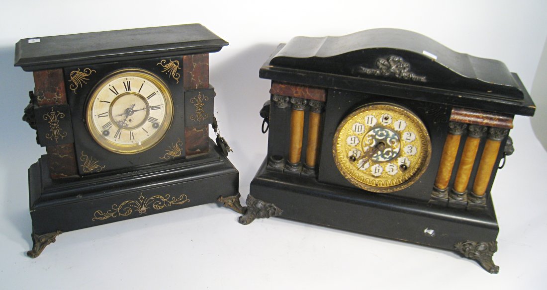 Kroeber And Sessions Clocks: A cast iron black mantel clock stamped Kroeber on the movement plate is complete; the Sessions, missing one column, glass crystal, replaced backboard. Both pendulum bobs come with the clocks. Shipping
