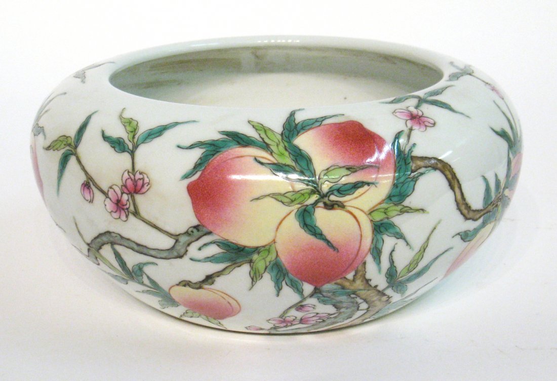 Chinese Porcelain Qing Dynasty Brush Washer: Famille rose peach and bat decoration. Yongzheng mark. 11" X 5" Shipping: We are able to pack and ship this item to an address in the United States for $50.00 via USPS Priority Mail or via FedEx Groun