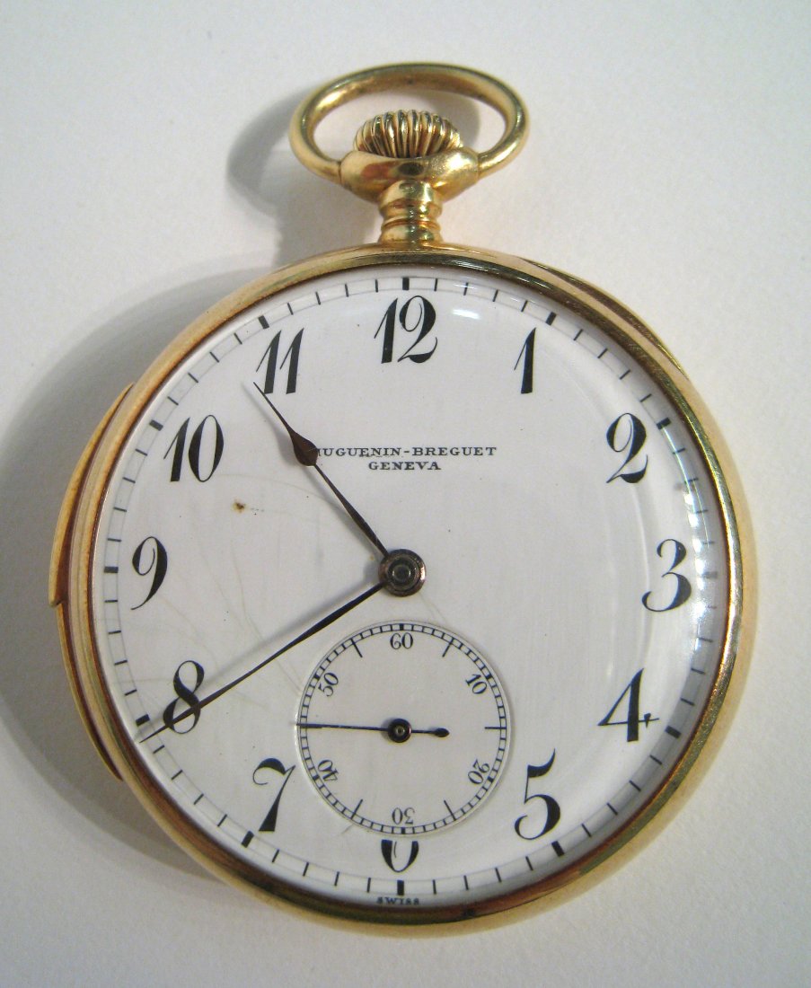 Huguenin-Breguet Minute Repeating Pocket Watch: A 14K gold open faced men's minute repeating 16 jewel pocket watch with a Swiss made movement by Wittnauer, 139594 (with matching case numbers). The 45 mm case, with matching numbers, is also stamped