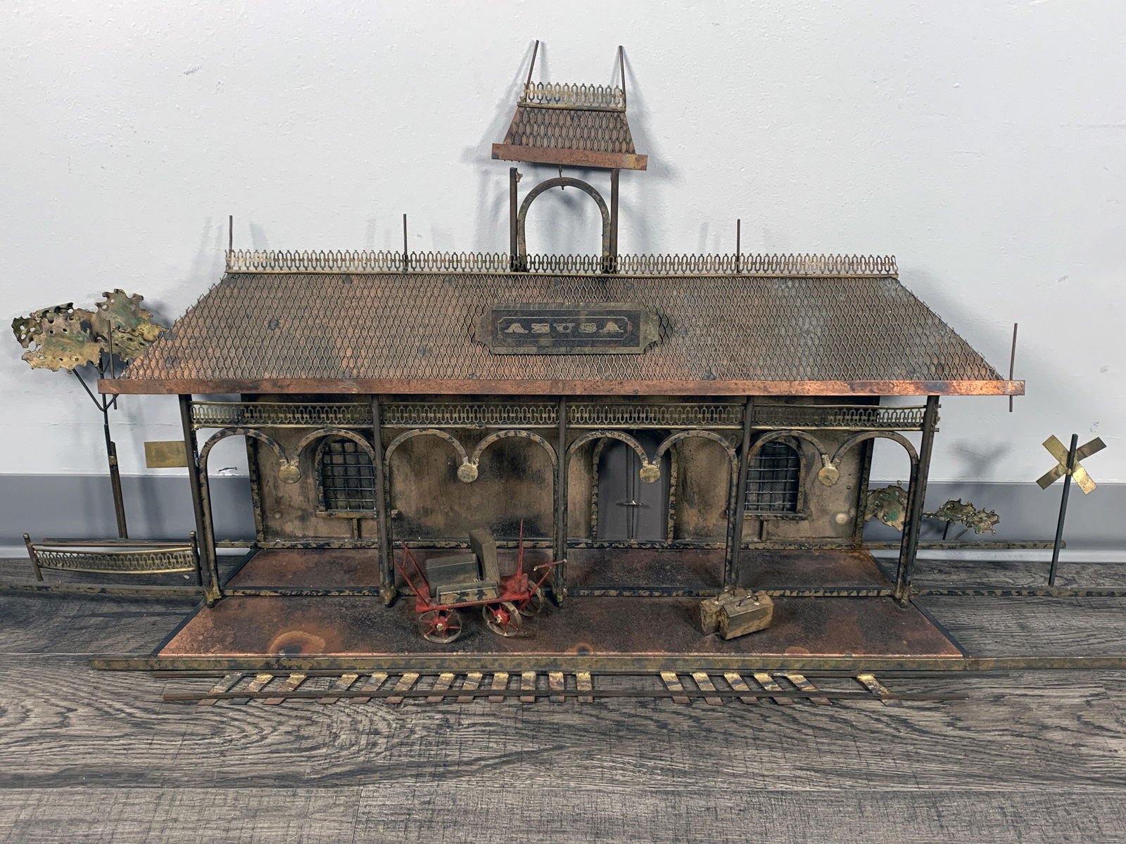 SIGNED CURTIS JERE BRASS AND COPPER WHISTLE STOP WALL SCULPTURE (1 of 10)