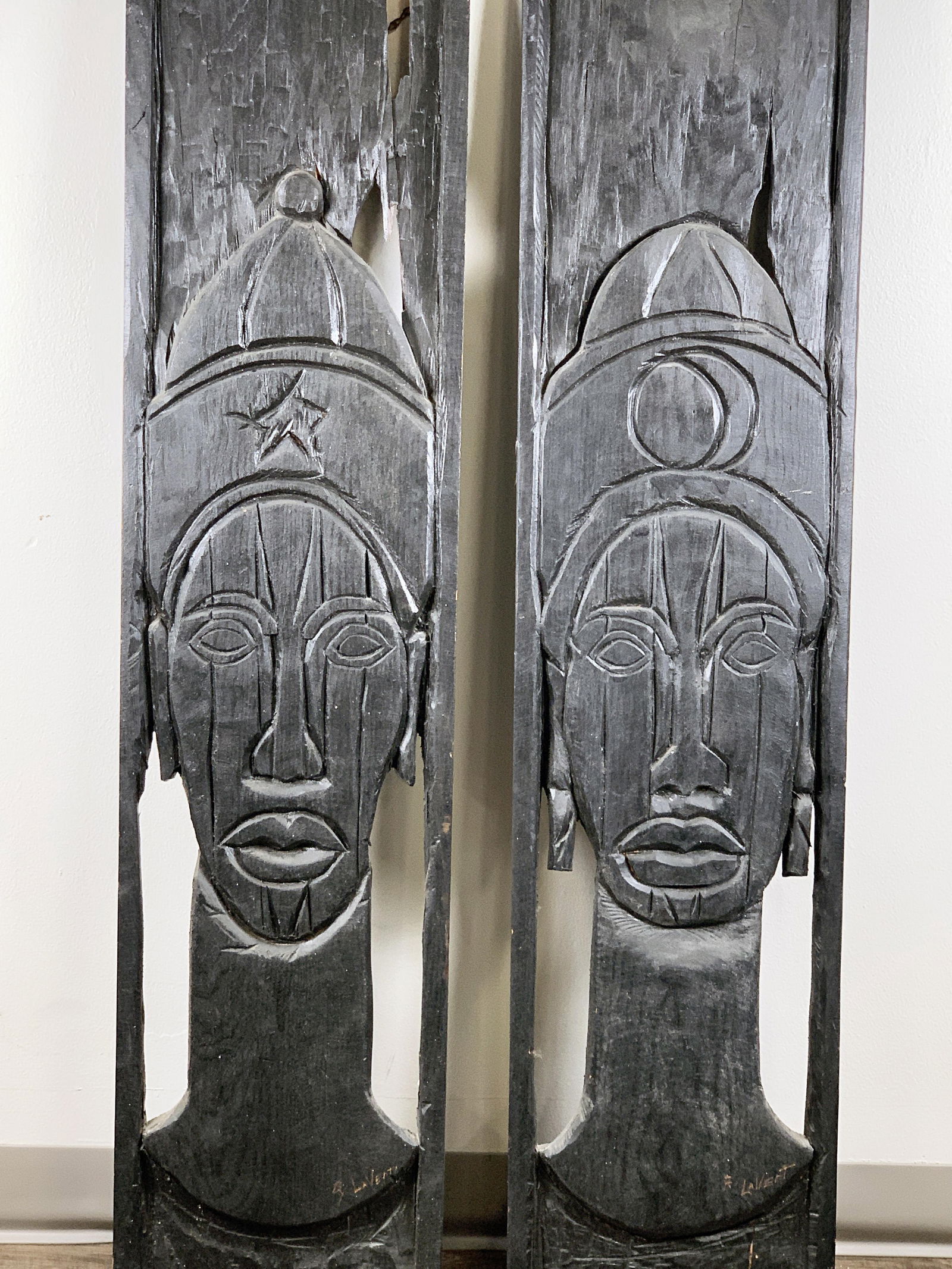 CARVED SIGNED TRIBAL AFRICAN STYLE PORTRAIT PANELS (1 of 5)