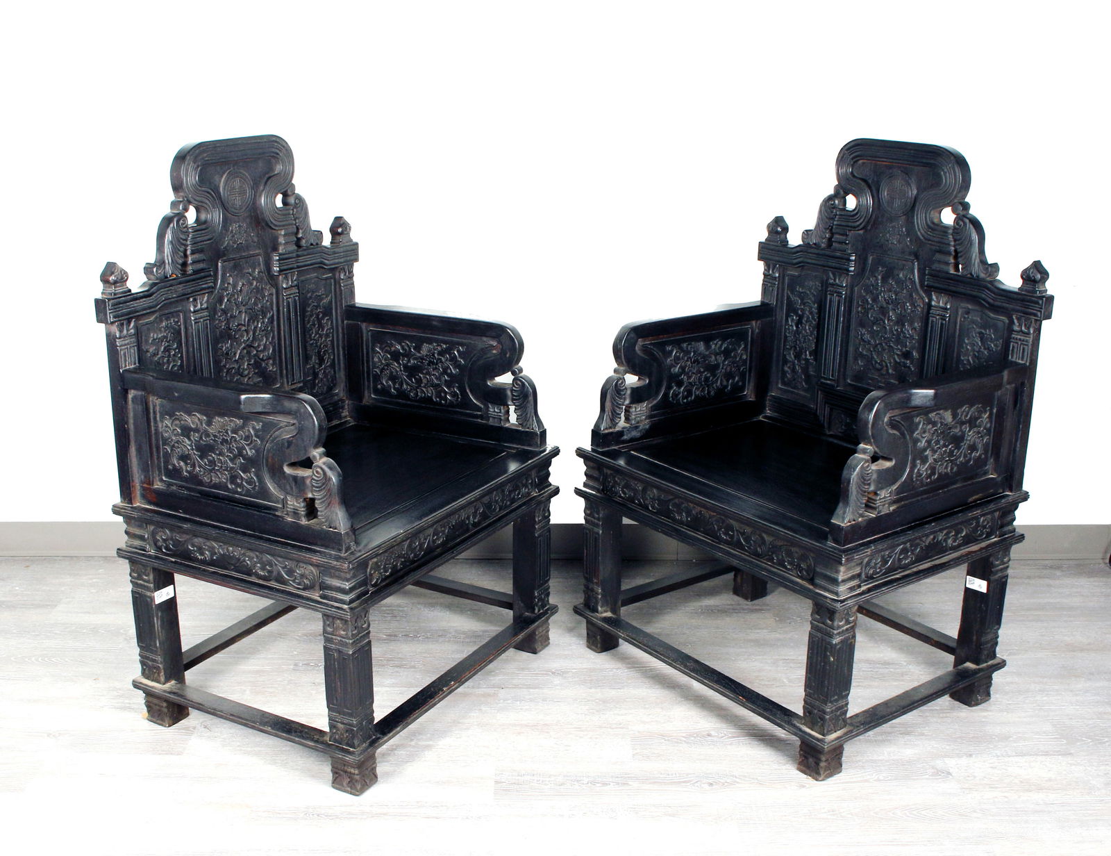 PAIR OF OPULENT ZITAN CHINESE CARVED THRONE CHAIRS (1 of 8)