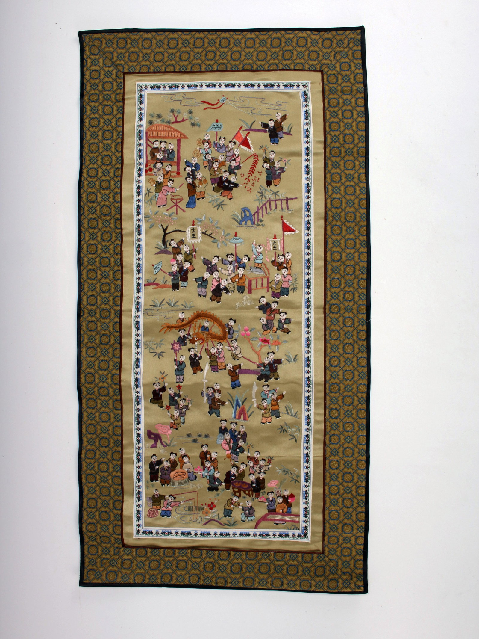 ANTIQUE CHINESE SILK EMBROIDERY OF 100 BOYS - AUSPICIOUS MULTICOLORED ART ON YELLOW BACKGROUND,