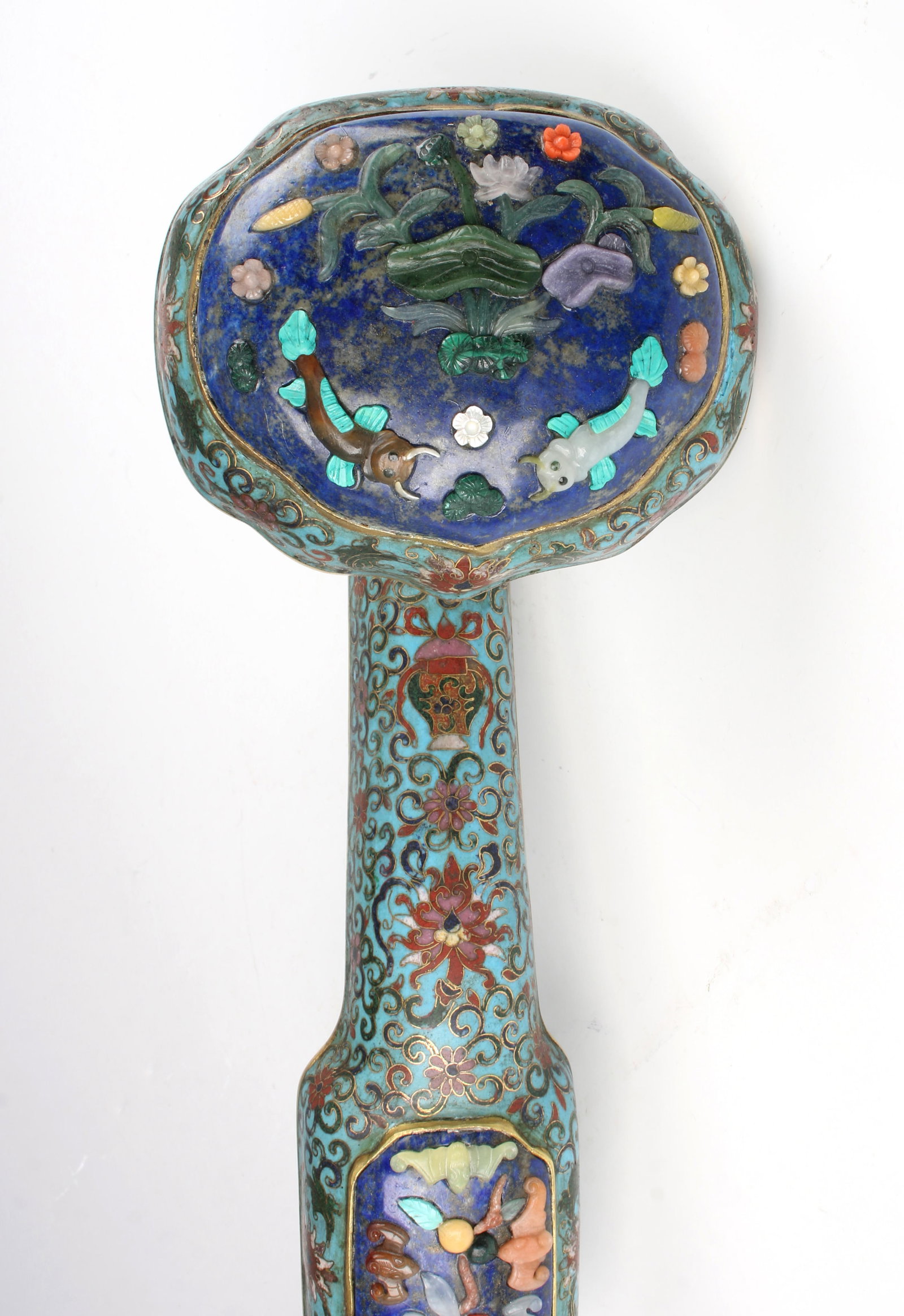 Antique Chinese Cloisonné Ruyi Scepter With Hardstone