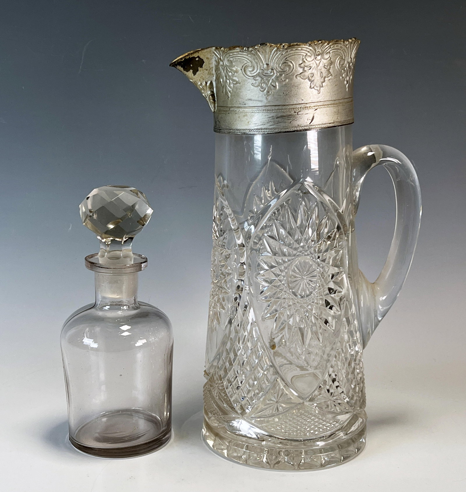 GLASS PITCHER & SMALL BOTTLE WITH STOPPER