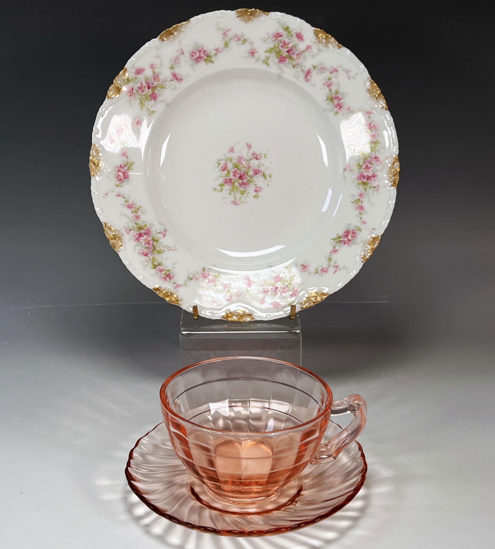 PINK DEPRESSION GLASS CUP AND SAUCER,LIMOGES PINK FLORAL DISH (1 of 4)