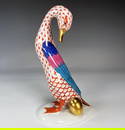 HEREND GOOSE WITH GOLDEN EGG RUST ORANGE FISHNET HAND PAINTED