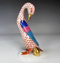 HEREND GOOSE WITH GOLDEN EGG RUST ORANGE FISHNET HAND PAINTED