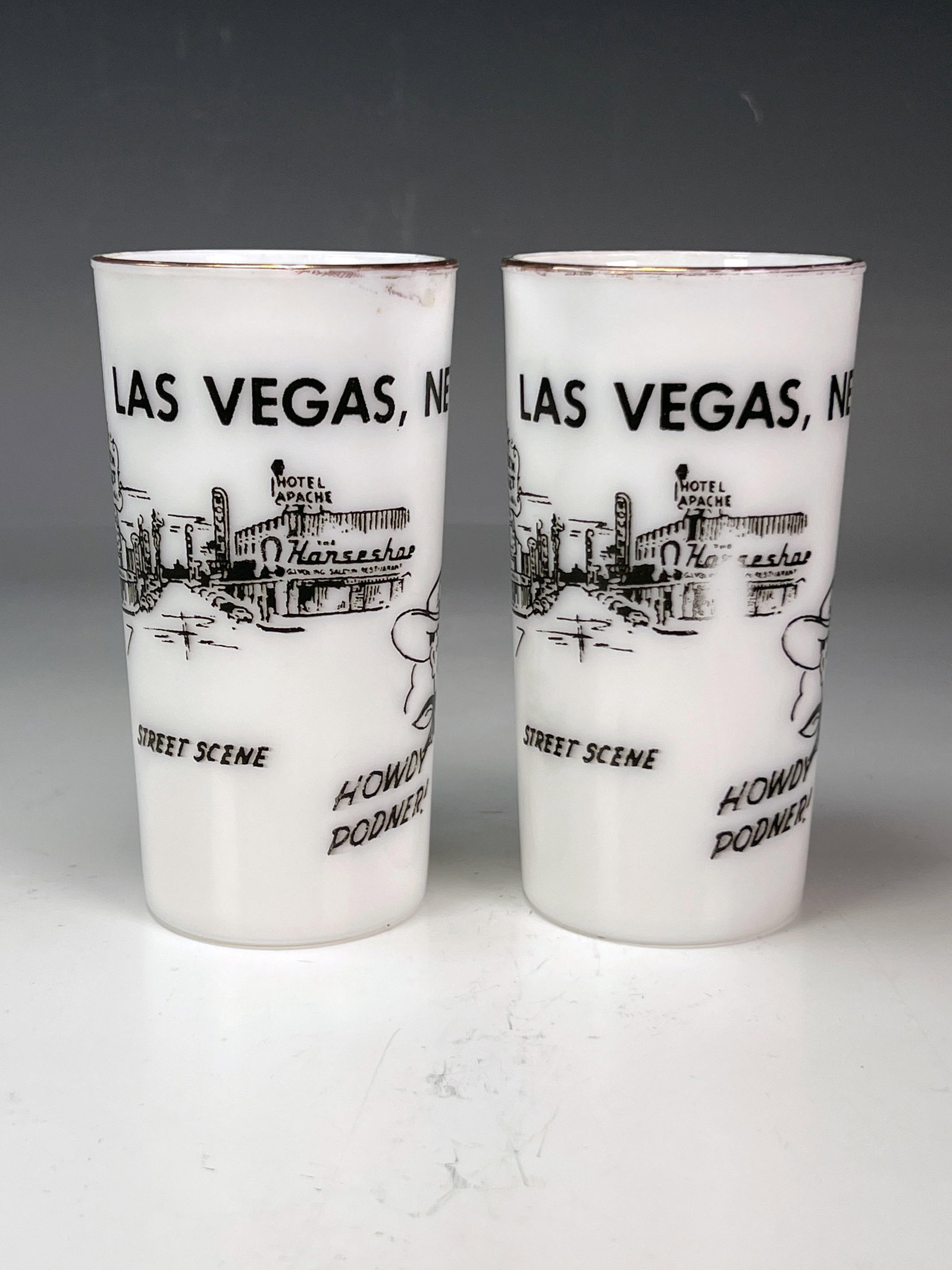 2 VINTAGE HAZEL ATLAS MILK GLASS LAS VEGAS SOUVENIR GLASSES