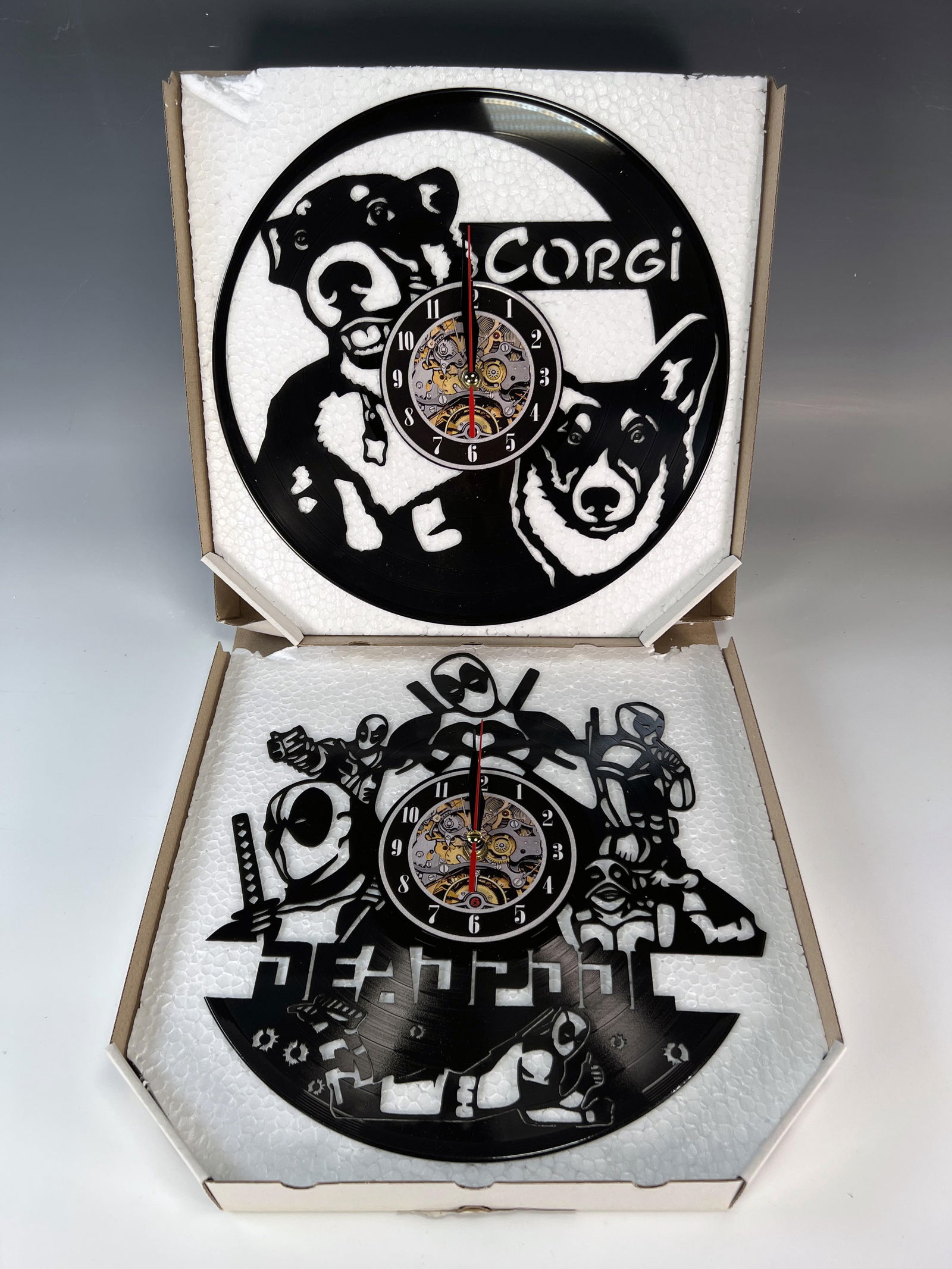 DEADPOOL AND CORGI THEMED VINYL RECORD CLOCKS (1 of 3)