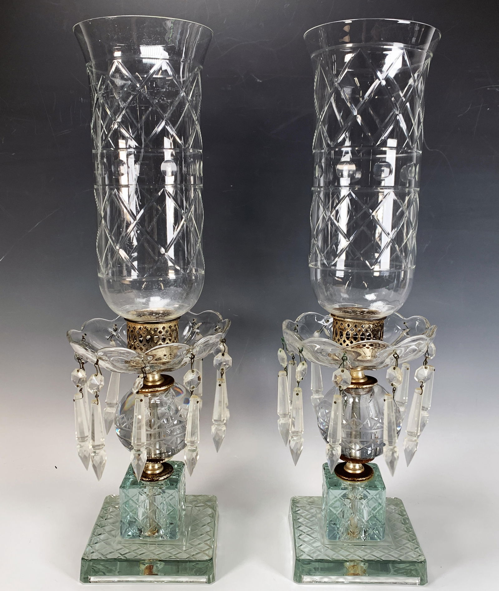 GLASS LAMPS WITH HURRICANE SHADES & PRISMS (1 of 5)