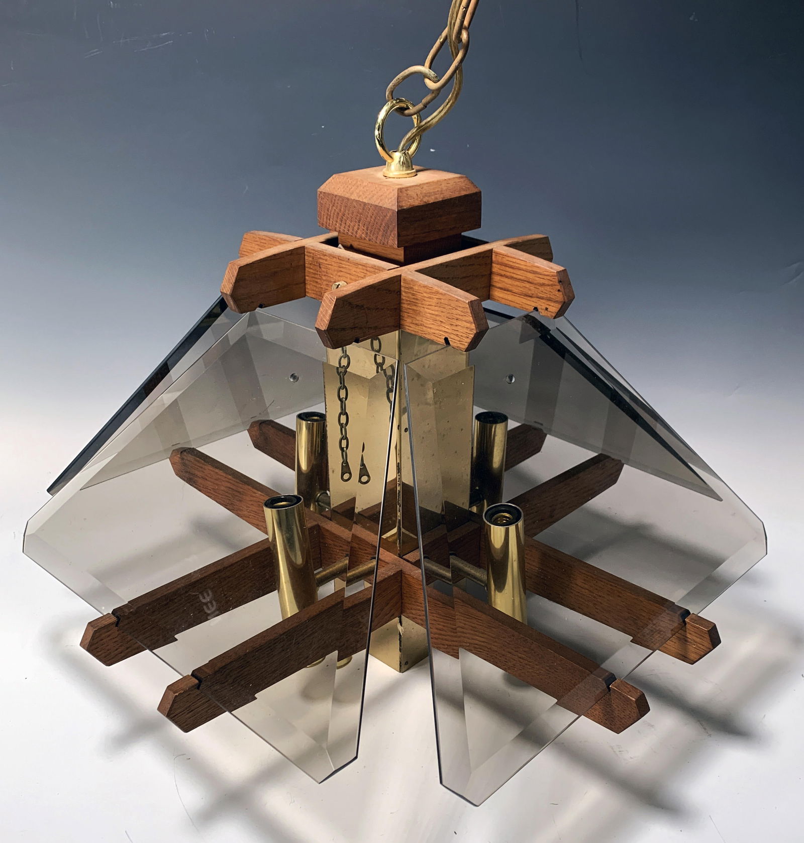 VINTAGE FREDRICK RAMOND TEAK AND BRASS 5 LIGHT FIXTURE (1 of 8)