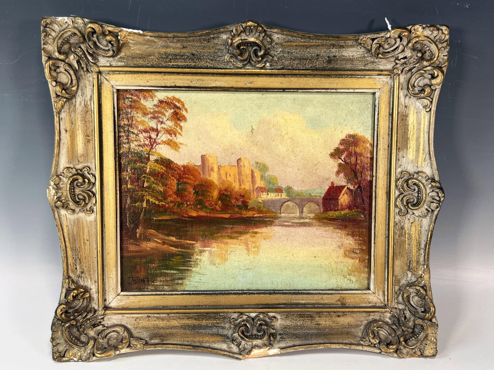 PAINTING ON BOARD BARNARD CASTLE & RIVER TEES SIGNED BENTZ