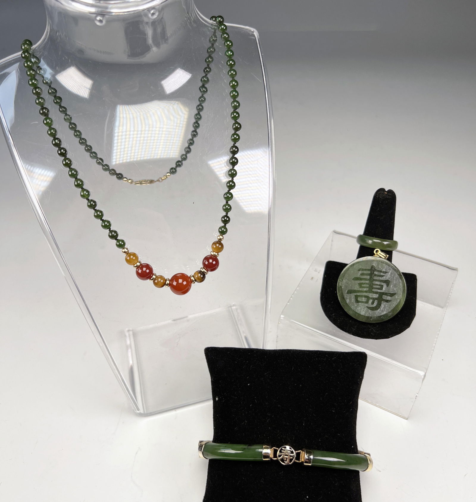 GREEN JADE NECKLACE, BRACELET, PENDANT & RING (1 of 4)