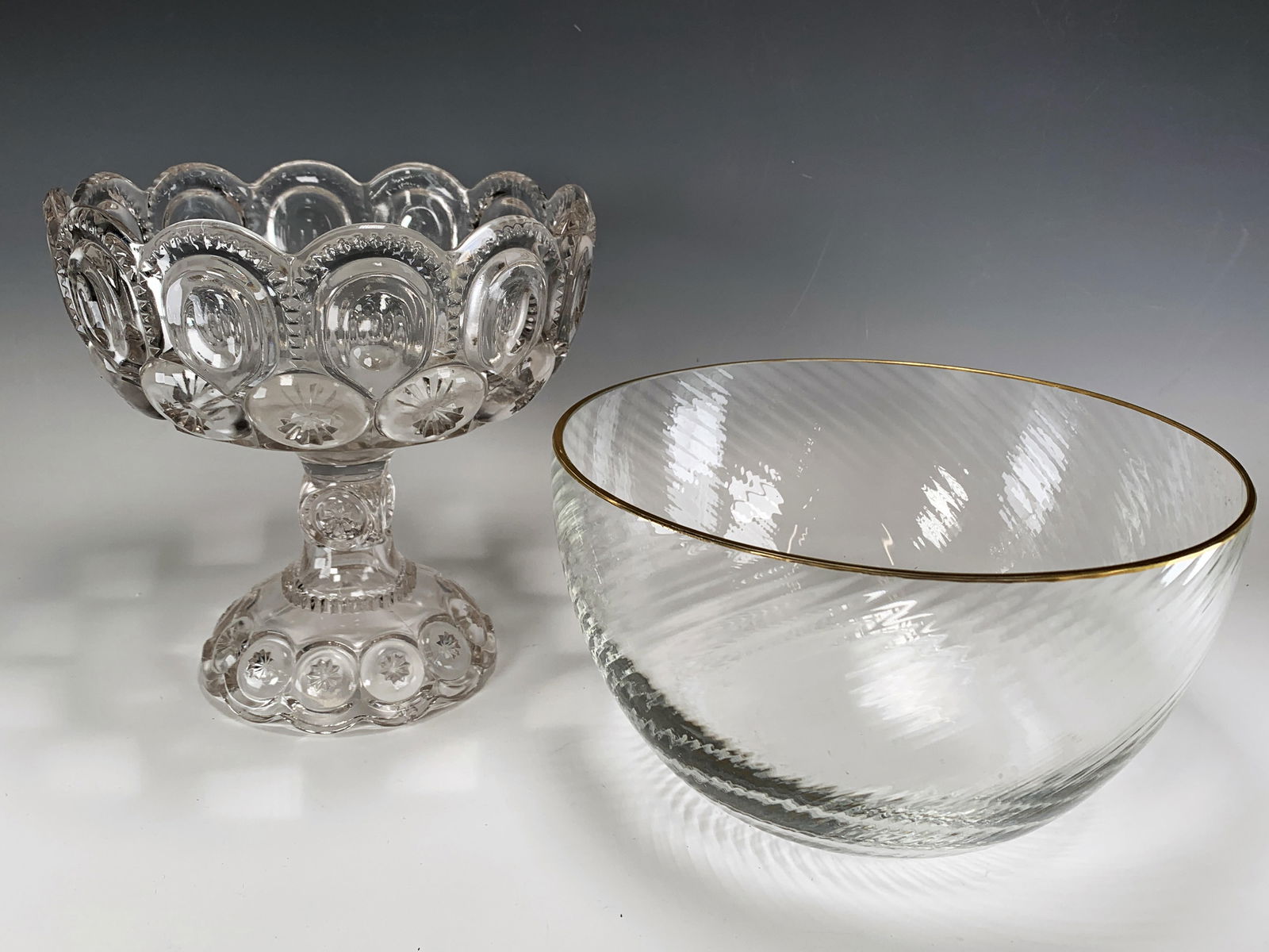 GLASS OPTIC SWIRL BOWL & PRESSED GLASS COMPOTE (1 of 3)