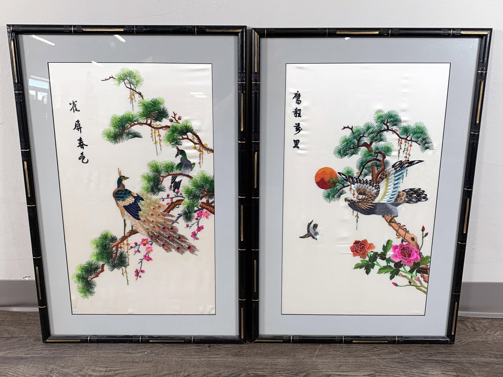 2 EMBROIDERED BIRD SCROLLS MOUNTED