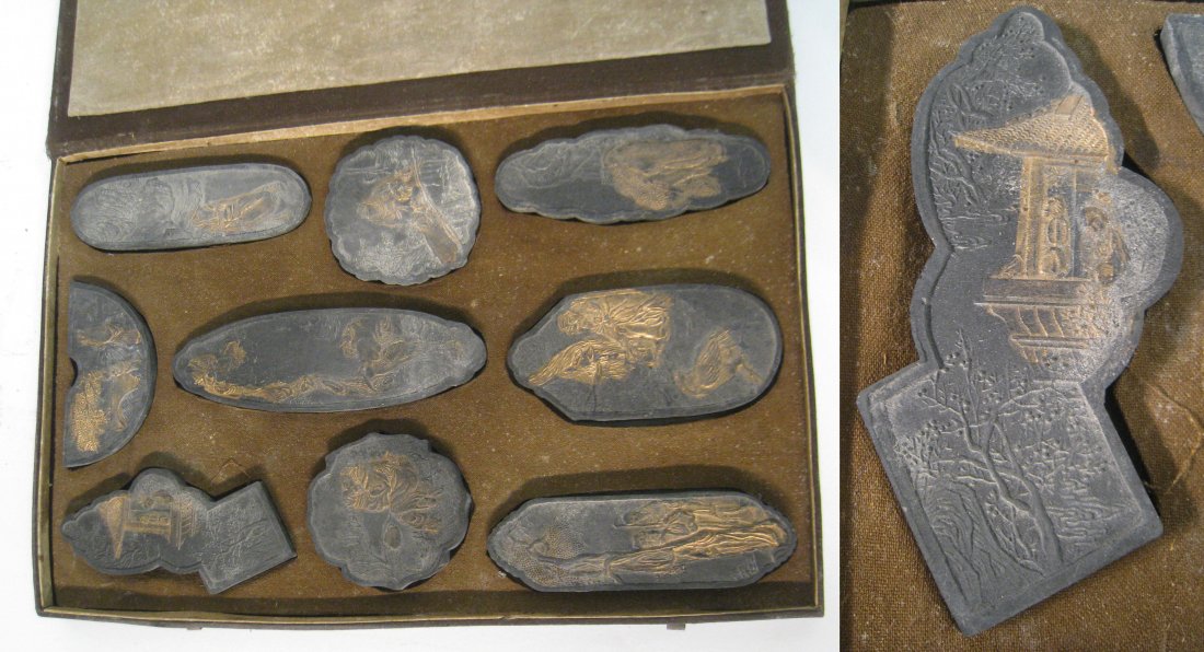 Collection Of Inkstones: Within a fitted presentation box, 12" x 8". Shipping: We are able to pack and ship this item to an address in the United States for $30.00 via USPS Priority Mail. Tracking information will be sent to 