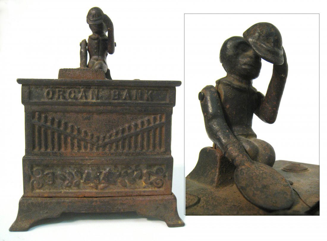 Antique Mechanical Bank: Incomplete but believed to be old frame for an organ grinder bank. Shipping: We are able to pack and ship this item to an address in the United States for $30.00 via USPS Priority Mail. Tracking infor