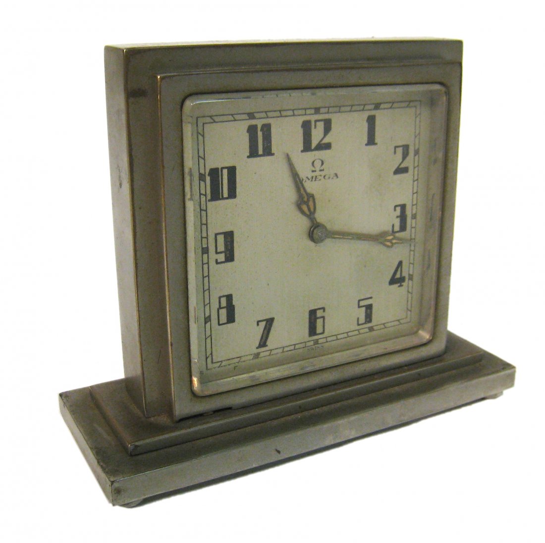 Omega "Board Room" Clock: A nickel or silver plated Art Deco style clock with dials telling the time on two sides with an 8 day stem wind movement. Shipping: We are able to pack and ship this item to an address in the United S