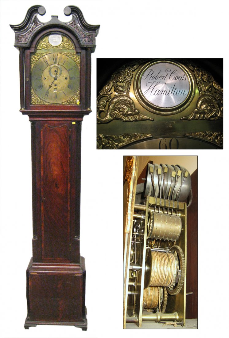 Three train tall Case Clock By Robert Coats: A fine 18th or 19th century mahogany tall case clock made in Hamilton, Scotland and signed Robert Coats. The eight day three train clockworks plays on 7 bells including the hour strike. The Chippendal