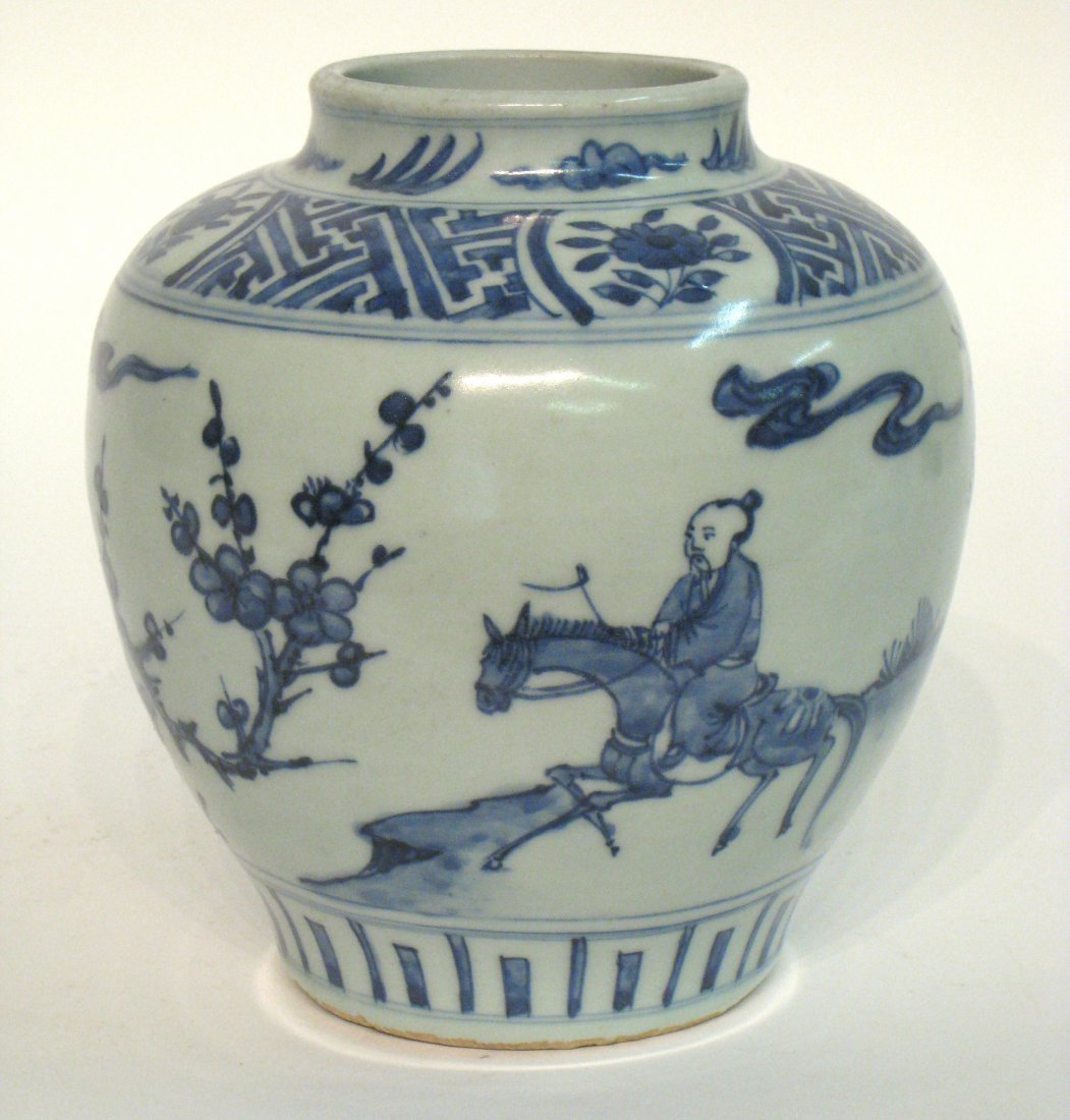 Chinese Blue & White Jar 19th: With a China man on horseback, 7 3/4" Shipping: We are able to pack and ship this item to an address in the United States for $40.00 via USPS Priority Mail or via FedEx Ground/Home Delivery. Tracking 