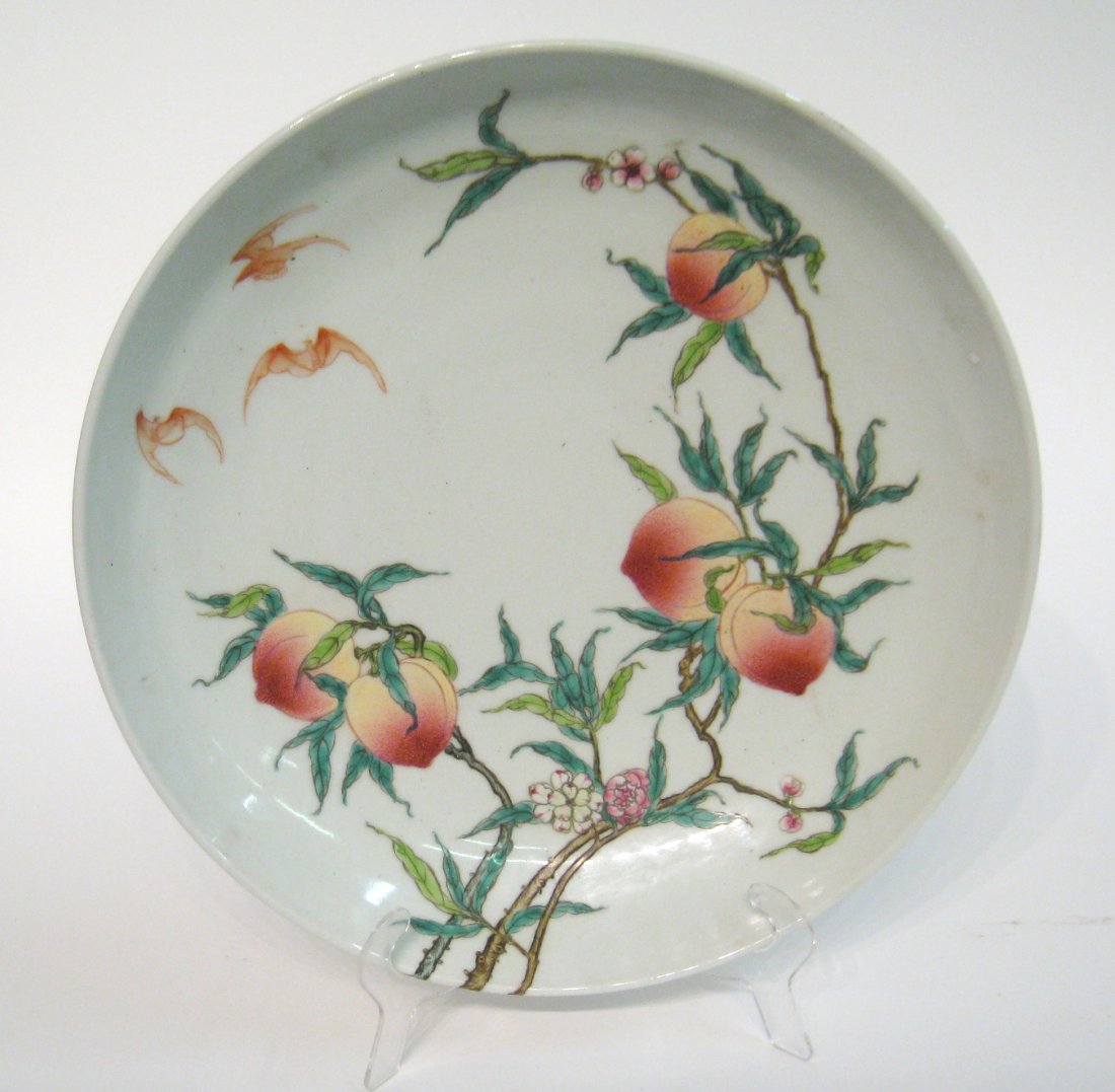 Chinese Yongzheng Famille Rose Porcelain Charger: A 13 1/2" charger featuring bats and peaches. 13 1/2" Shipping: We are able to pack and ship this item to an address in the United States for $50.00 via USPS Priority Mail or via FedEx Ground/Home Del