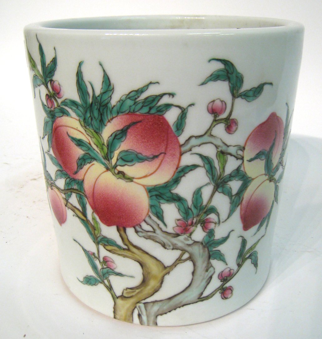 Chinese Porcelain Famille Rose Brush Pot: Decorated with peaches and bats. About 7 1/4" tall. Shipping: We are able to pack and ship this item to an address in the United States for $40.00 via USPS Priority Mail or via FedEx Ground/Home Deliv