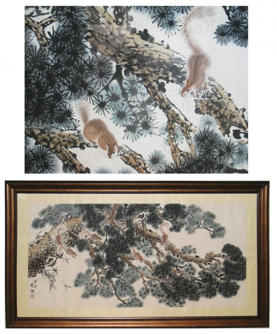 Large Framed Chinese Watercolor Scroll With Squirrels: An outstanding large watercolor with sight measurements of 26" X 54", framed 36" X 66". Signed lower left. Shipping: We are unable to ship this item. Please contact our local UPS Store, store1152@theu
