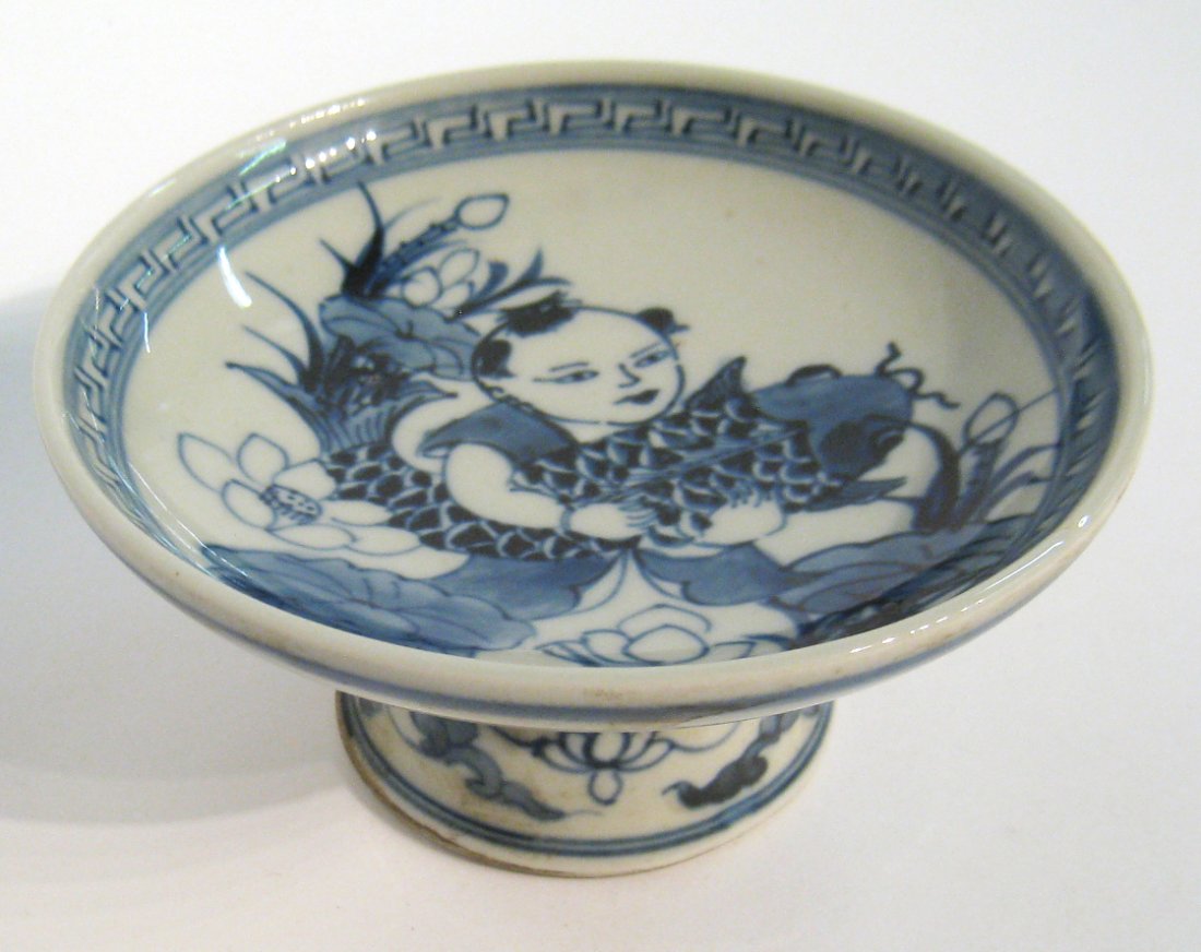 Chinese Qing Blue & White High Heel Bowl Or Tray: 5 1/4" diameter. Shipping: We are able to pack and ship this item to an address in the United States for $25.00 via USPS Priority Mail. Tracking information will be sent to your email address. Each ad