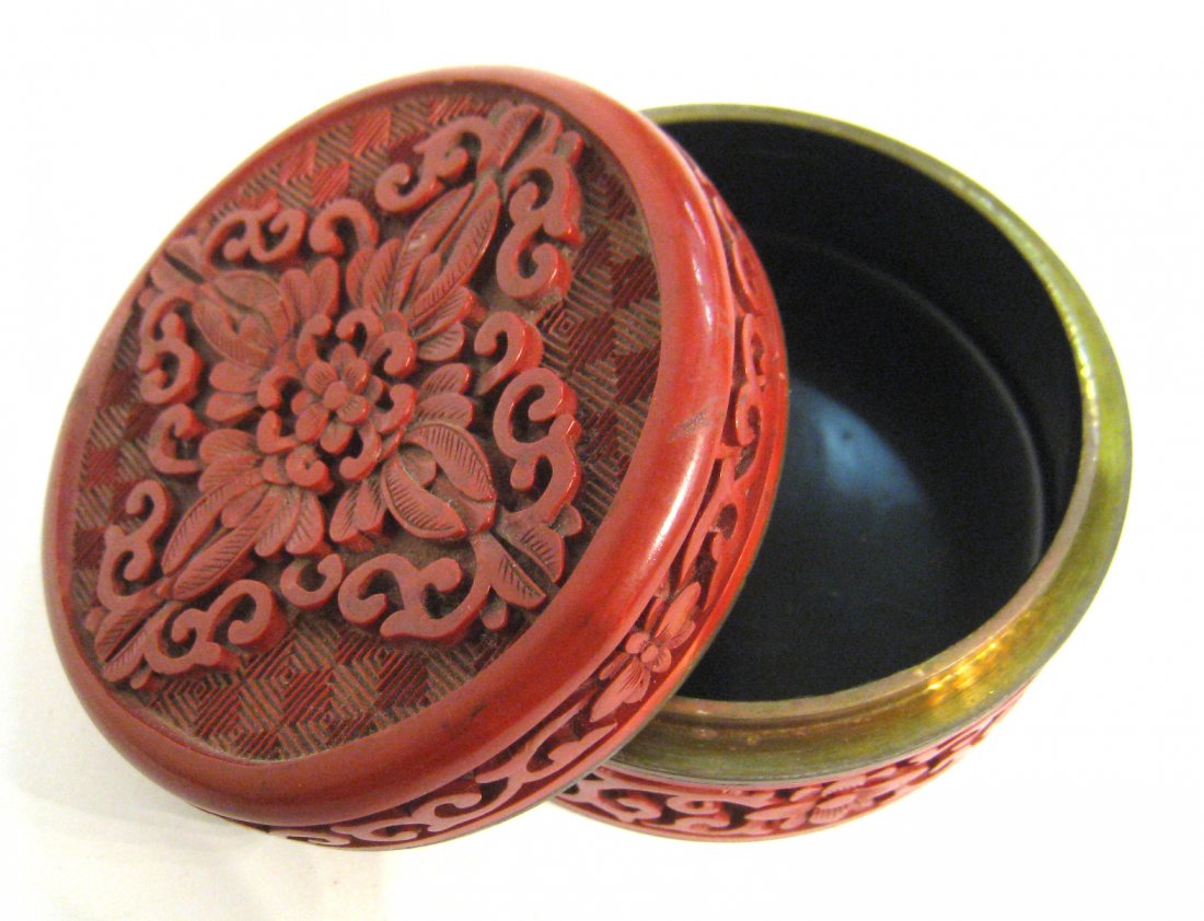 Chinese Cinnabar Lidded Box: Republic Period , 3" round. Shipping: We are able to pack and ship this item to an address in the United States for $25.00 via USPS Priority Mail. Tracking information will be sent to your email addre