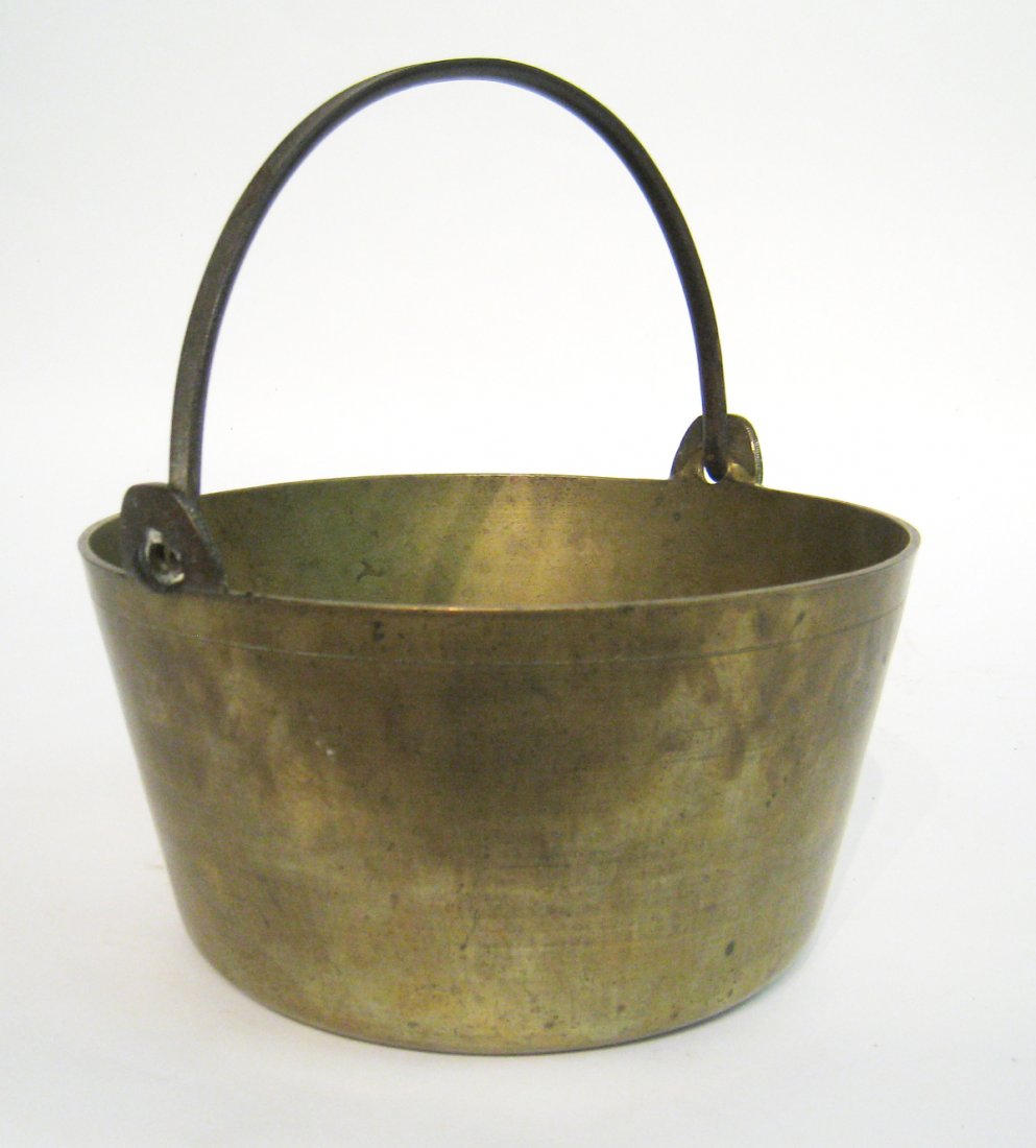 Brass Jelly Kettle: With a solid brass tub and wrought iron handle, about 18" in height Shipping: We are able to pack and ship this item to an address in the United States for $50.00 via USPS Priority Mail or via FedEx G
