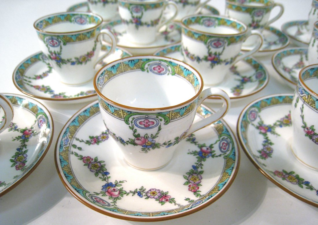 Set 10 English Minton Demi-Tasse: One saucer with a hairline crack. Shipping: We are able to pack and ship this item to an address in the United States for $55.00 via USPS Priority Mail or via FedEx Ground/Home Delivery. Tracking info