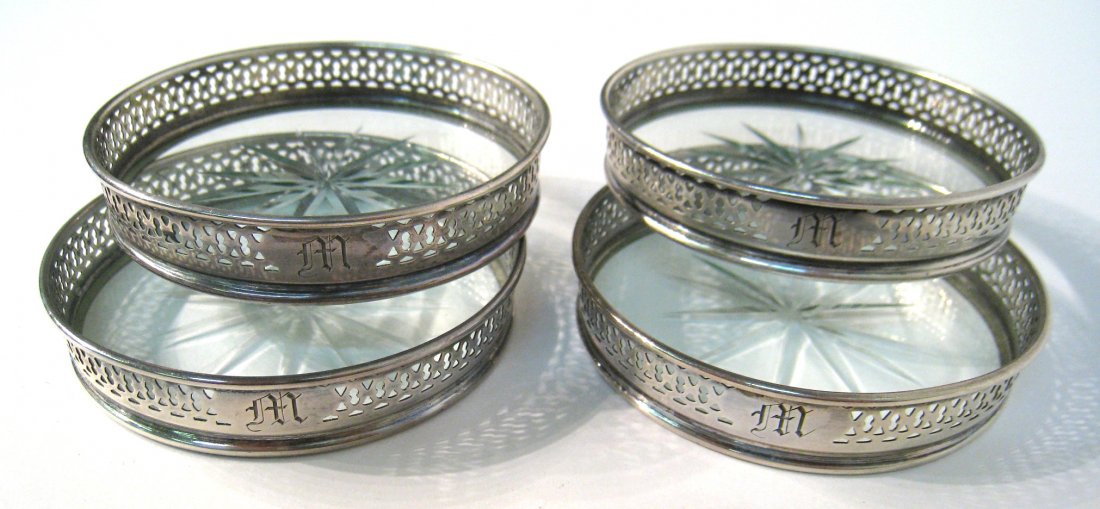 Four Sterling And Cut Glass Coasters.: Each 3" in diameter. Shipping: We are able to pack and ship this item to an address in the United States for $25.00 via USPS Priority Mail. Tracking information will be sent to your email address. Eac