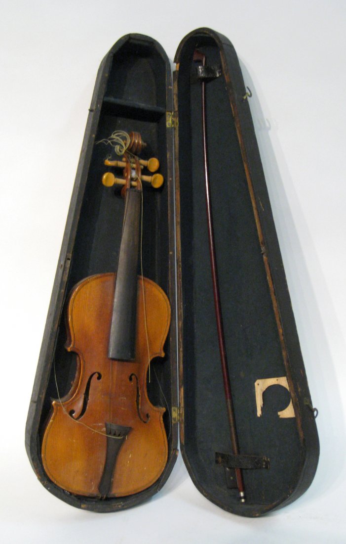 Violin: A violin within a fitted case together with the bow. In poor condition with bow and instrument strings missing. Shipping: We are unable to ship this item. Please contact our local UPS Store, store1152