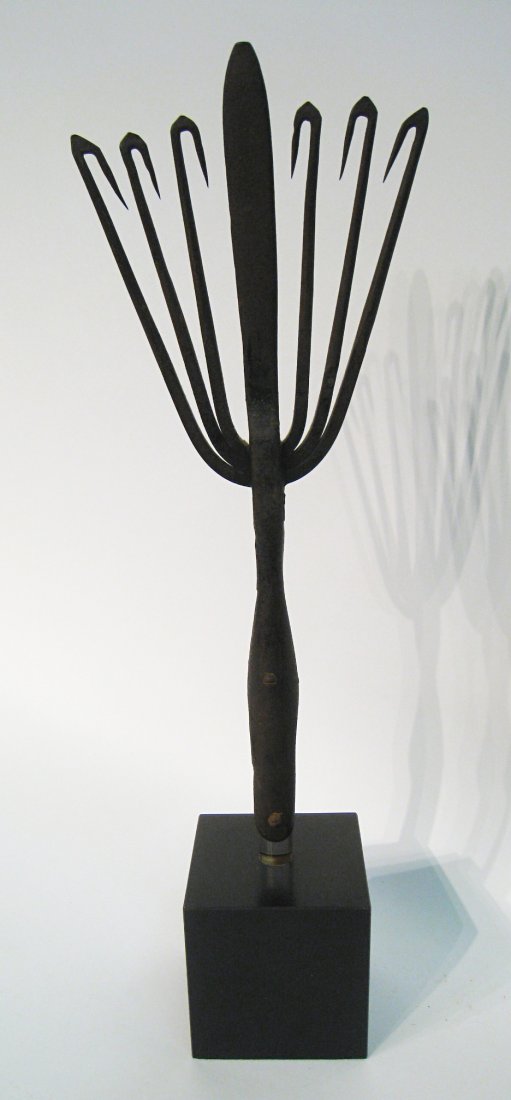 Gigging Spear: Mounted onto a custom stand, about 20" in height. An antique, and stamp signed "Overton". Shipping: We are unable to ship this item. Please contact our local UPS Store, store1152@theupsstore.com, or t