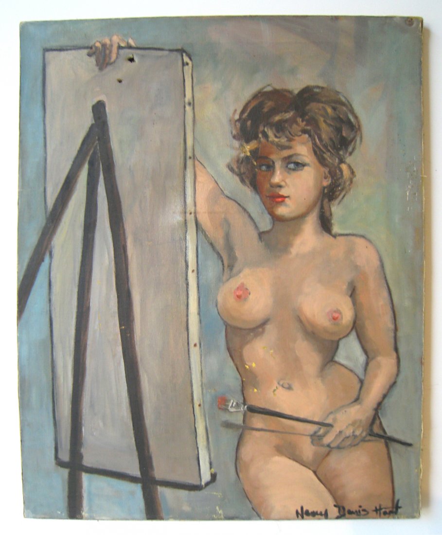 Self Portrait Of Charles Manson's Confident Mary Hartle: A self-portrait in oil on canvas, signed lower right "Mary Davis Hartley". The canvas has several holes in it, which, according to the consignor, to whom she gave the portrait, were made by the consig