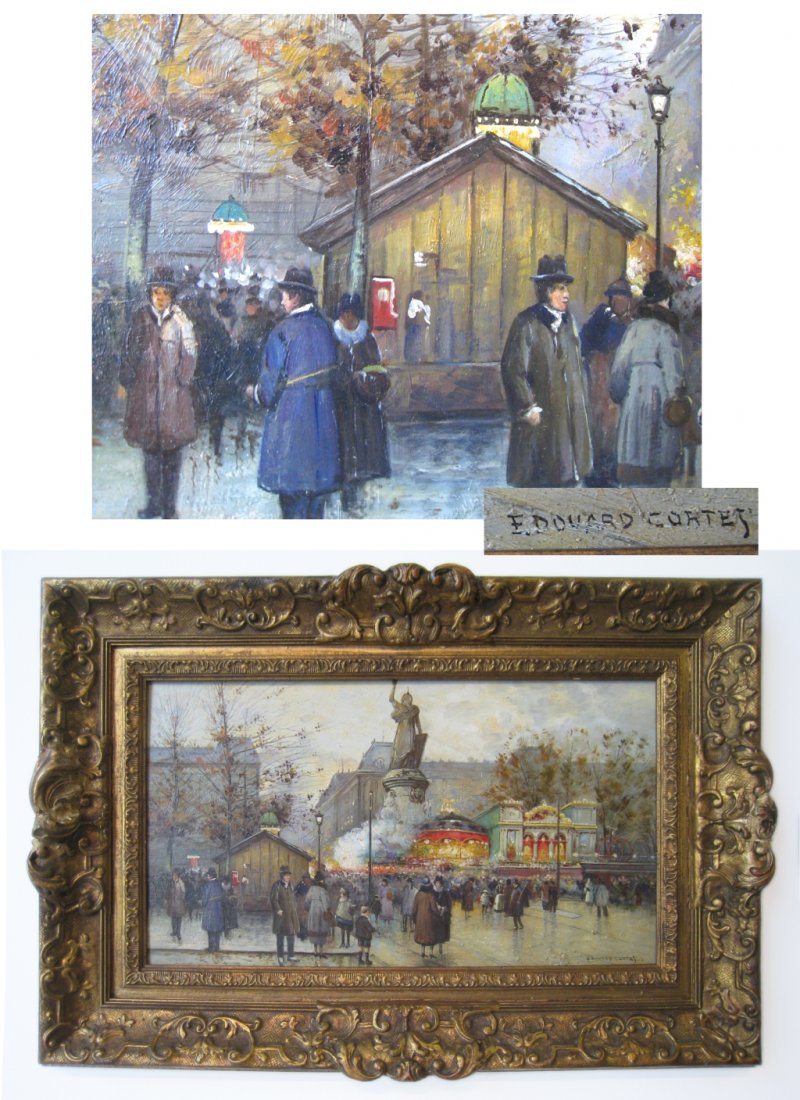 Oil On Canvas After Eduardo Cortez: Of a Parisian Street scene, with sight measurements of 11" X 19 1/2" within a frame, signed lower right "Eduardo Cortez" Shipping: We are unable to ship this item. Please contact our local UPS Store, 