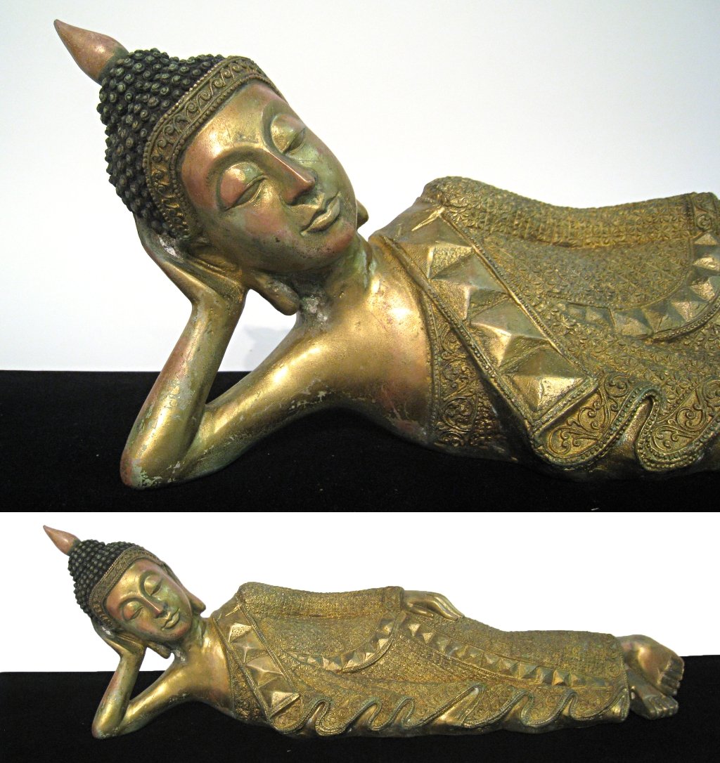 Thai Bronze Buddha: A reclining figure, 18" long, hollow cast and patinated. Shipping: We are able to pack and ship this item to an address in the United States for $55.00 via USPS Priority Mail or via FedEx Ground/Home 