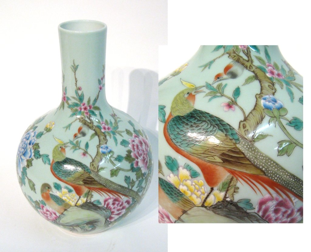 Chinese Bottle Neck Porcelain Vase: A 13 3/4" vase whose base shows an exotic bird foliage and against a light green background. Shipping: We are able to pack and ship this item to an address in the United States for $50.00 via USPS Pri