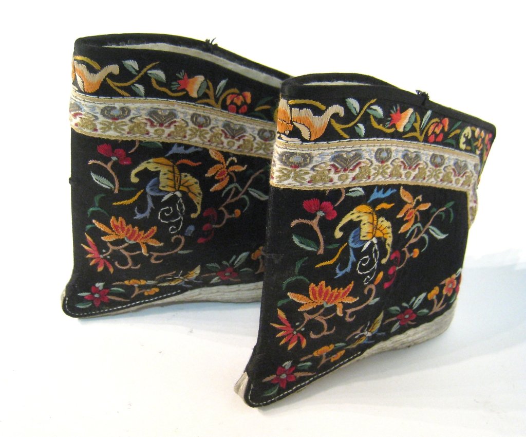 Qing Embroidered Shoes: Chinese, apparently for bound feet of a newborn, being 5 1/2" long. Shipping: We are able to pack and ship this item to an address in the United States for $30.00 via USPS Priority Mail. Tracking info