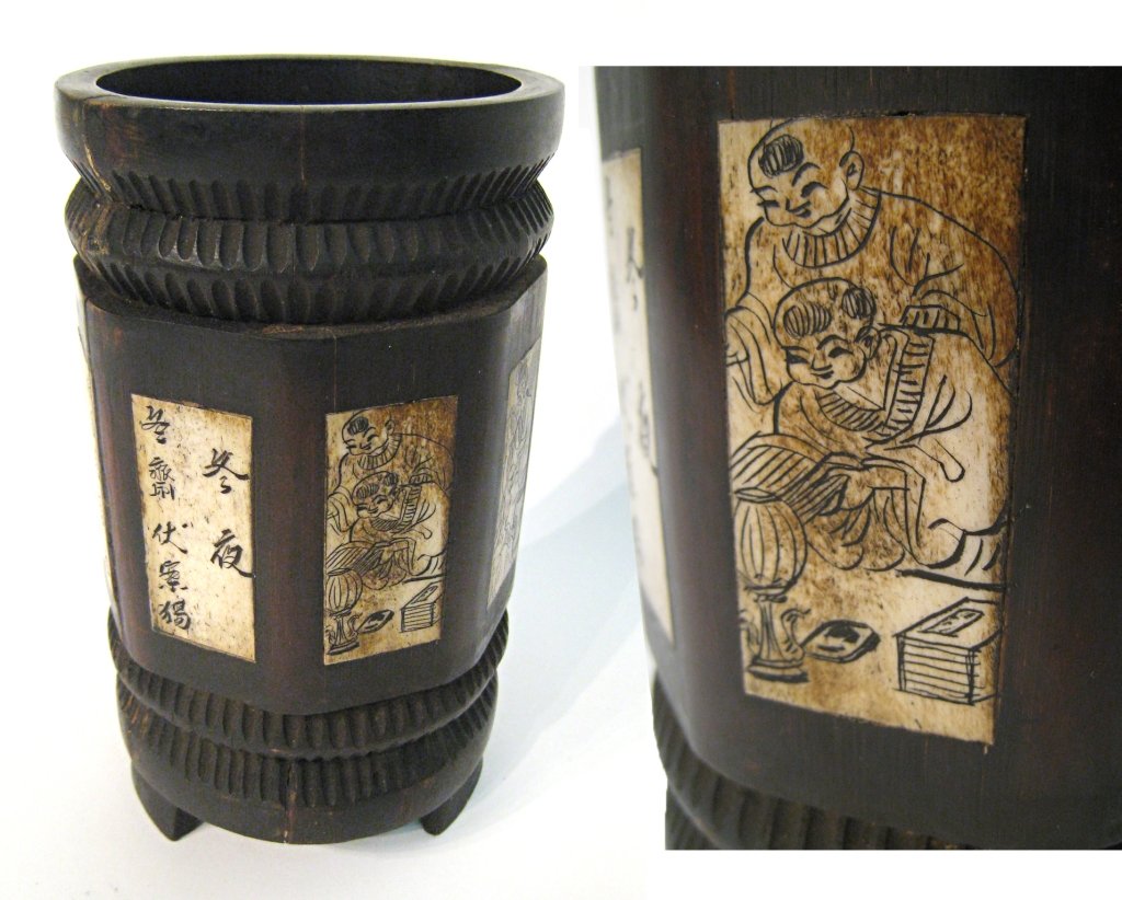Chinese Brush Pot: A carved bamboo brush pot of the 19th Century (Qing) having a octagonal sides with inset ivory or bone scrimshawed panels. There are six panels with calligraphy and two with figural depiction. Vertica